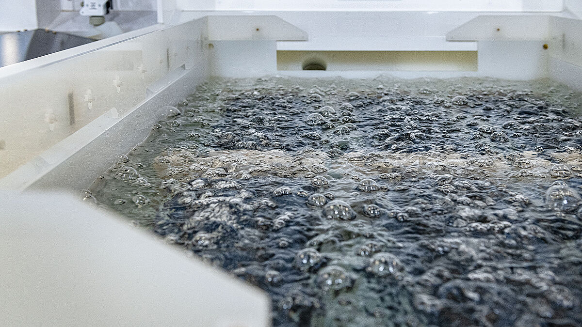 Wafers immerged in a bubbling cleaning liquid